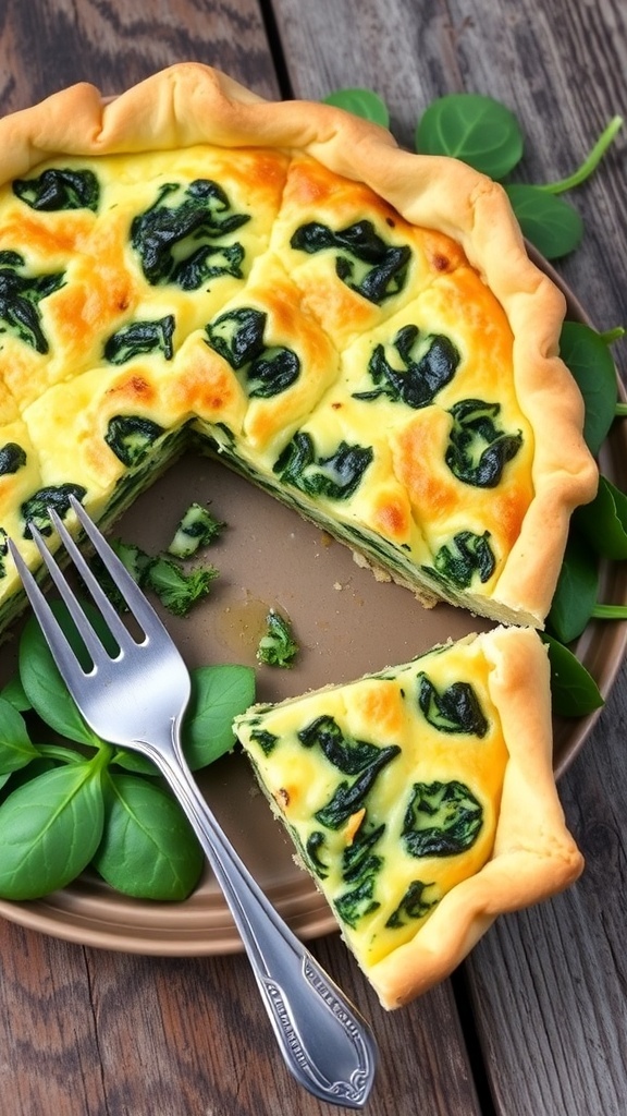 A golden slice of spinach and cheese quiche on a rustic table, garnished with fresh herbs.